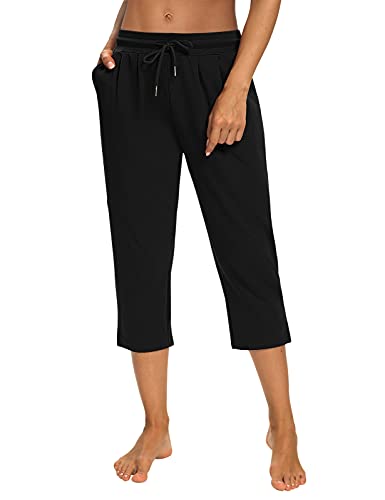 Sarin Mathews Womens Capri Yoga Pants Loose Workout Joggers Drawstring Sweatpants Lounge Pajama Capris Pants with Pockets Black 2XL - Image 2