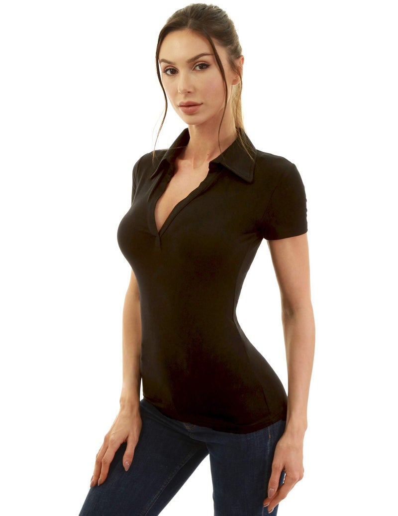 AmélieBoutik Women Collared V Neck Short Sleeve Polo Shirt(Black X-Small) - Image 5