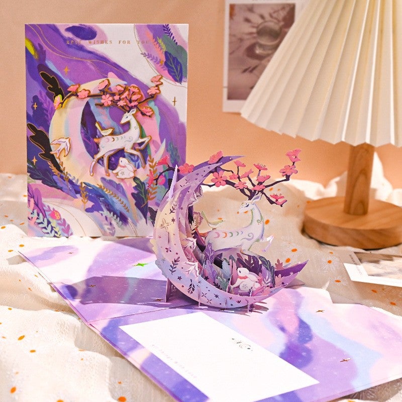 Moonlight Deer Habitat Stereo Greeting Card Creative 3D Card Birthday Blessing Christmas Moon Stars Thanksgiving Aesthetic Gift - Image 1