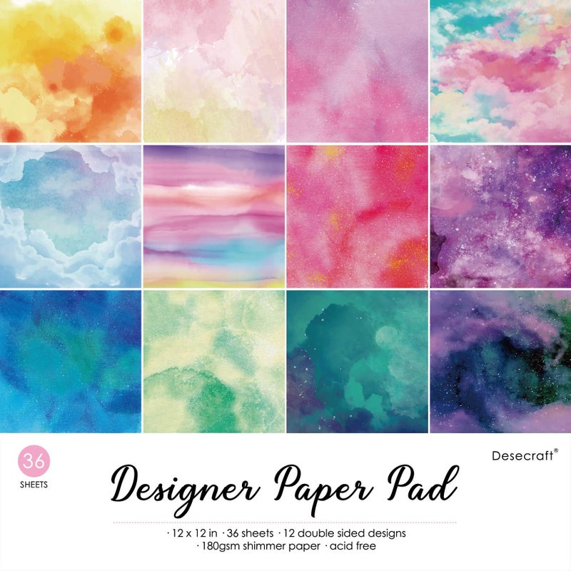 Desecraft 36 sheets 12x12 Paper Pad Pack Scrapbook Cardstock Decorative Paper Shimmer Watercolor for Card Making Journaling Planner Origami Scrapbook Paper Scrapbooking Supplies