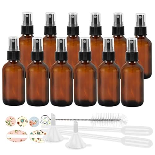 STARSIDE 4 oz Amber Glass Spray Bottles (12 Pack) - Leak Proof Fine Mist Sprayer for Face, Hair, Essential Oils - Includes Funnels, Droppers, Labels & Brush - Image 1