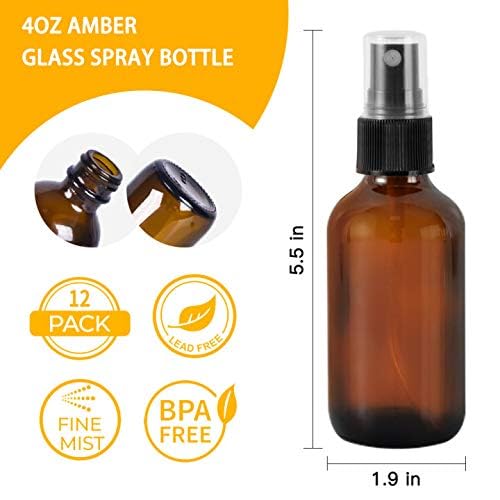 STARSIDE 4 oz Amber Glass Spray Bottles (12 Pack) - Leak Proof Fine Mist Sprayer for Face, Hair, Essential Oils - Includes Funnels, Droppers, Labels & Brush - Image 4