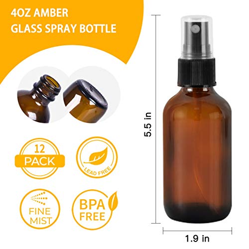 STARSIDE 4 oz Amber Glass Spray Bottles (12 Pack) - Leak Proof Fine Mist Sprayer for Face, Hair, Essential Oils - Includes Funnels, Droppers, Labels & Brush - Image 3