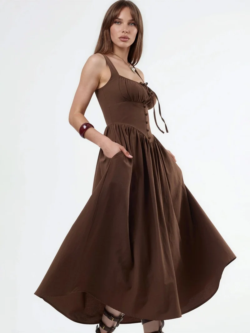 Busem BUSEM Midi Dress with Square Collar and Button Detail