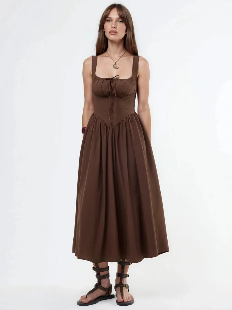 Busem BUSEM Midi Dress with Square Collar and Button Detail