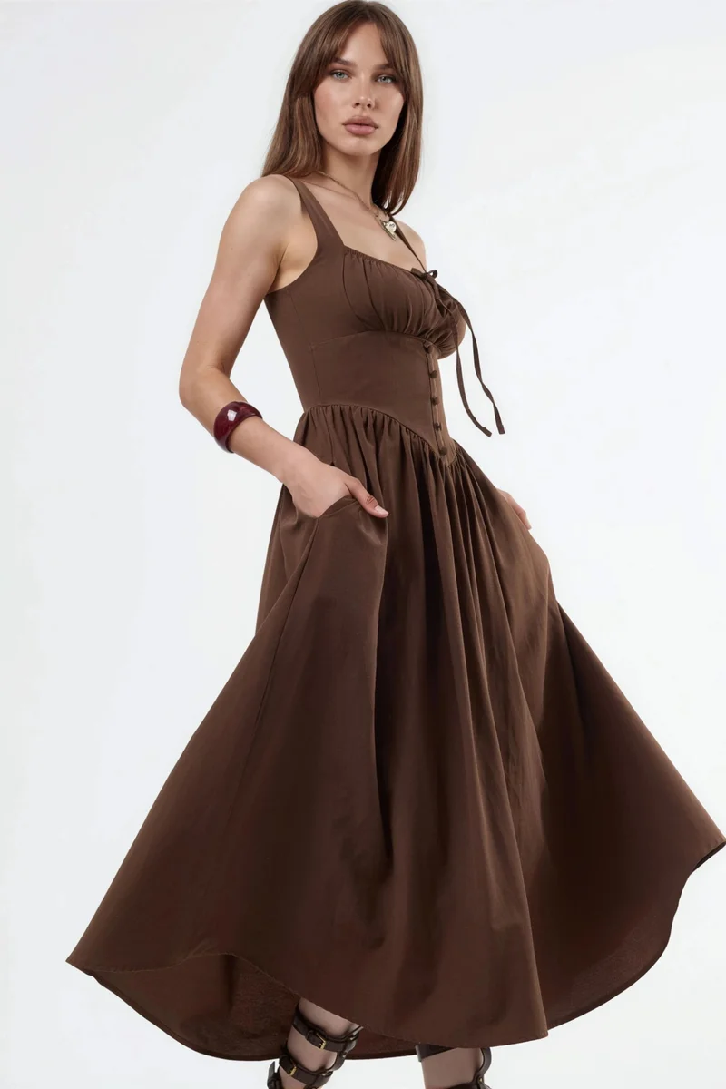 Busem BUSEM Midi Dress with Square Collar and Button Detail