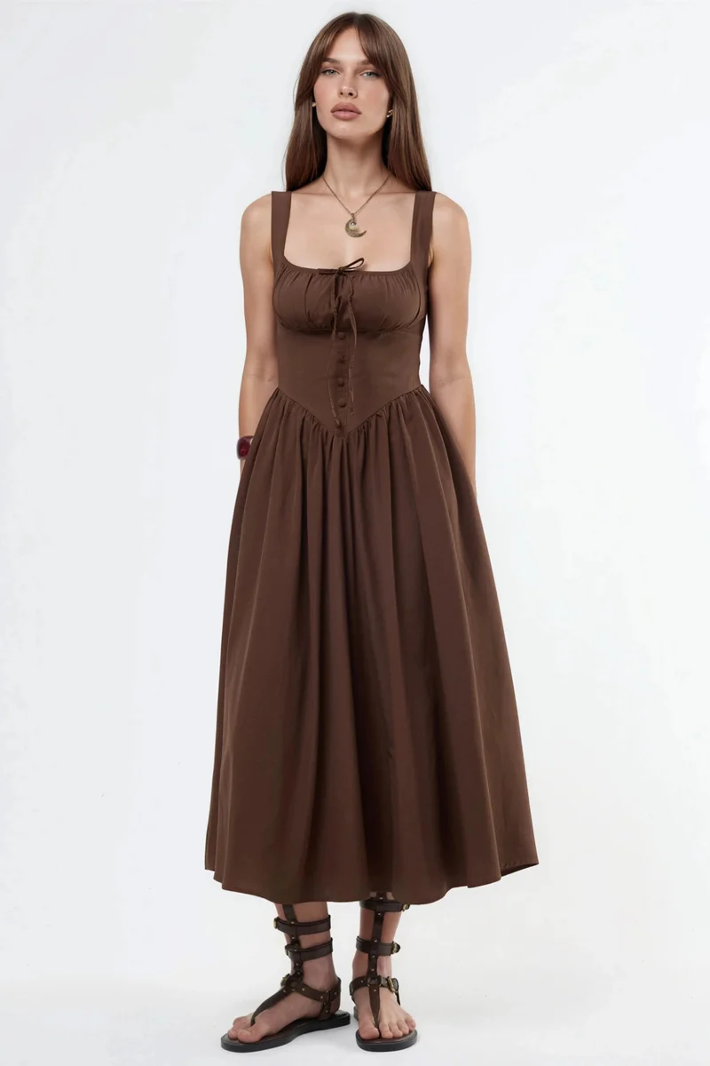 Busem BUSEM Midi Dress with Square Collar and Button Detail