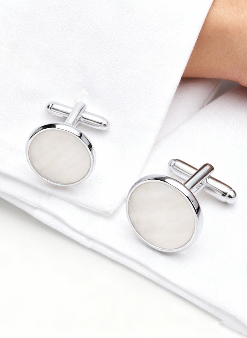 DB Innov. Cufflinks, Natural Pearl Shell Silver Round Cufflinks, 2 PCS in One Set Copper Material Jewelry Specially Design for Men's Shirt Wedding Business Gift with Delicate Package Box. - Image 1