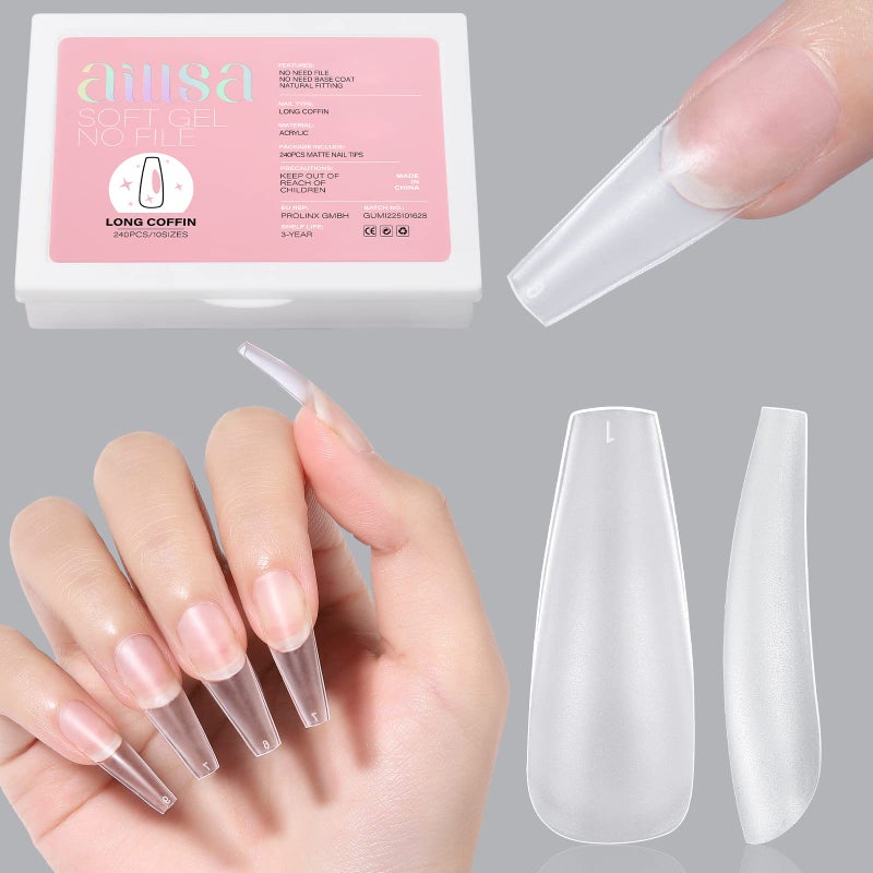 AILLSA Long Coffin Nail Tips - Upgraded Matte Soft Full Cover Gel Nails Tips No Filed, 240Pcs Pre-shaped Gelly Tips Acrylic Clear Fake Press On Nail Tip for Soak Off Nail Extension 10 Sizes - Image 1