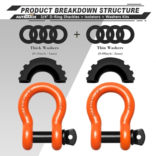 AUTMATCH D Ring Shackle 34 Shackles 2 Pack 41887Ibs Break Strength Clevis Shackle with 78 Screw Pin and Shackle Isolator Washer Kit for Tow Strap Winch Off Road Vehicle Recovery OrangeBlack - Image 3