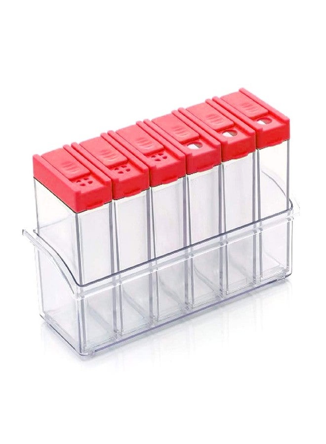 DealFry Plastic Transparent Seasoning Box Spices Case, Premium Multipurpose Plastic Spice Rack, 6 pcs Spice Jar (Red) - Image 1
