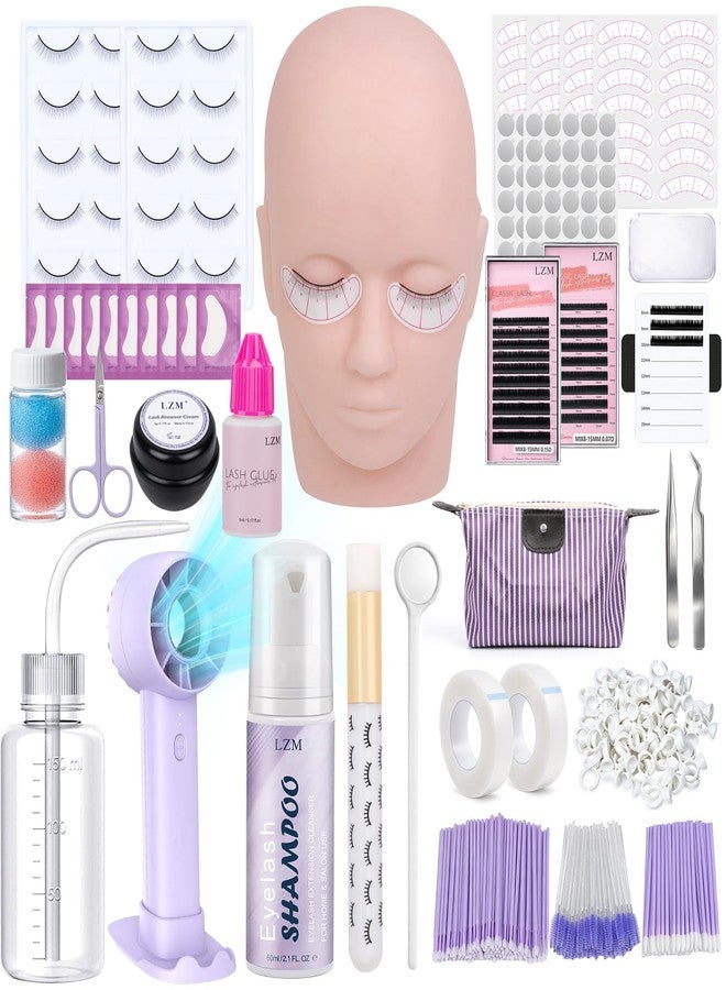 LZM Eyelash Extension Kit for Beginners, Professional Lash Extension Kit with Mannequin Head, Lash Tech Starter Kit with Rechargeable Fan, Shampoo, Glue, Tweezers Supplies for Practice Training - Image 1