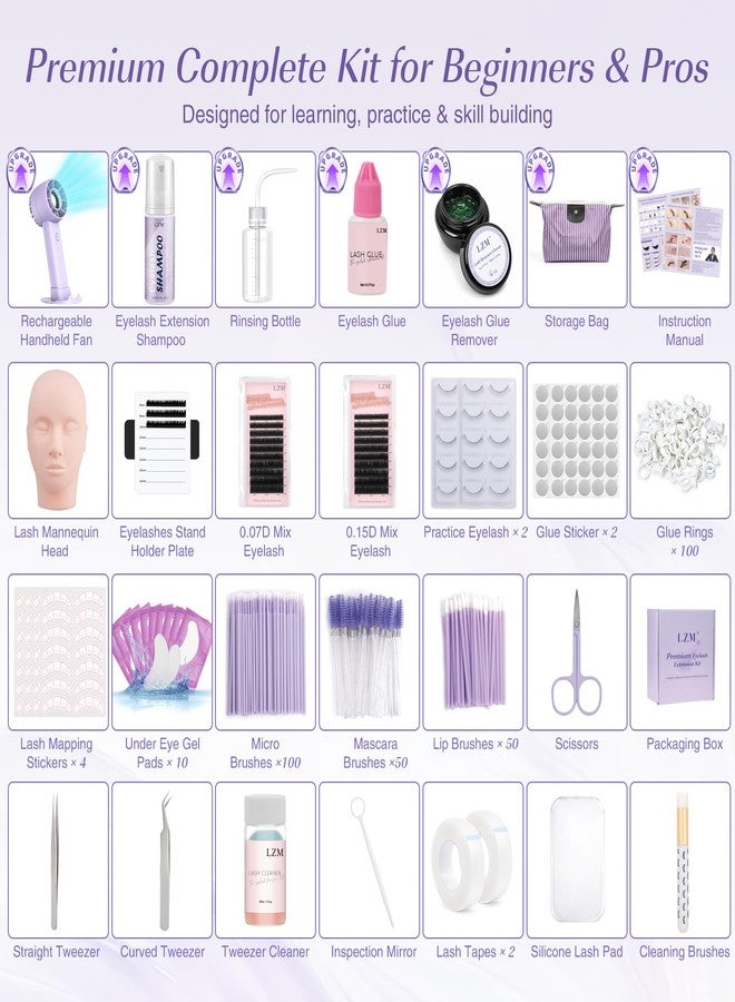 LZM Eyelash Extension Kit for Beginners, Professional Lash Extension Kit with Mannequin Head, Lash Tech Starter Kit with Rechargeable Fan, Shampoo, Glue, Tweezers Supplies for Practice Training - Image 2