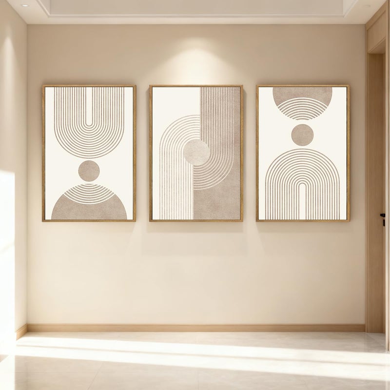 BINCUE Beige Neutral Canvas Wall Art Framed Geometric Abstract Wall Decor Mid Century Modern Artwork Wall Decor for Living Room Bedroom Office 16"x24" Set 3 Gift - Image 3