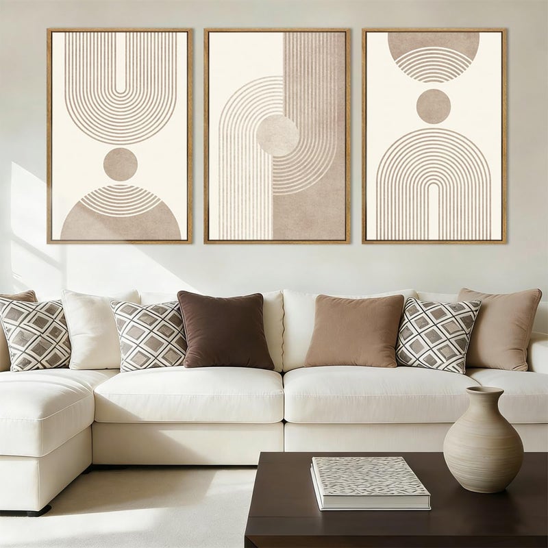 BINCUE Beige Neutral Canvas Wall Art Framed Geometric Abstract Wall Decor Mid Century Modern Artwork Wall Decor for Living Room Bedroom Office 16"x24" Set 3 Gift - Image 1