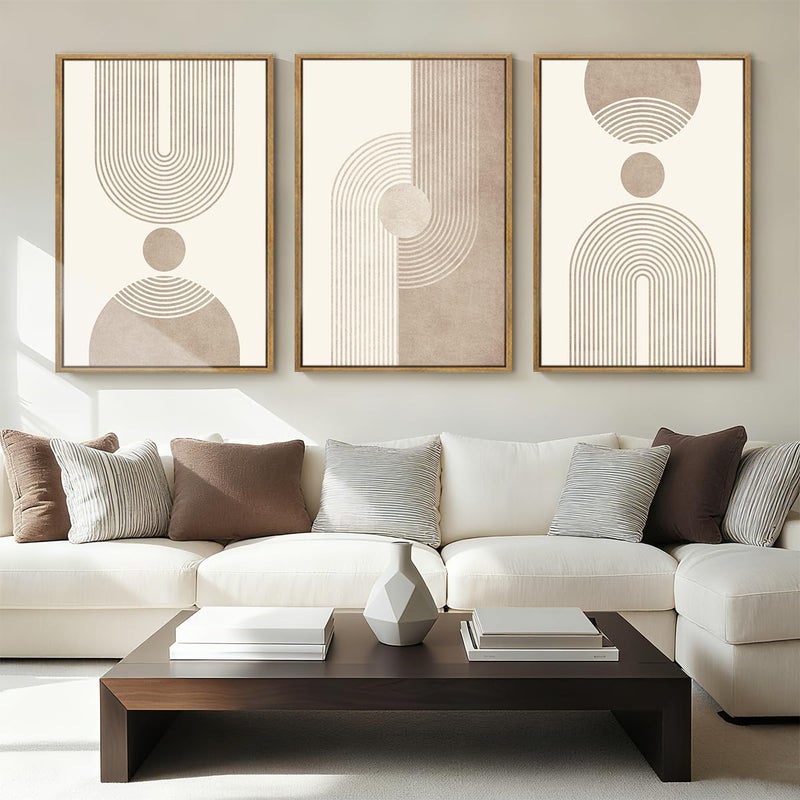 BINCUE Beige Neutral Canvas Wall Art Framed Geometric Abstract Wall Decor Mid Century Modern Artwork Wall Decor for Living Room Bedroom Office 16"x24" Set 3 Gift - Image 2