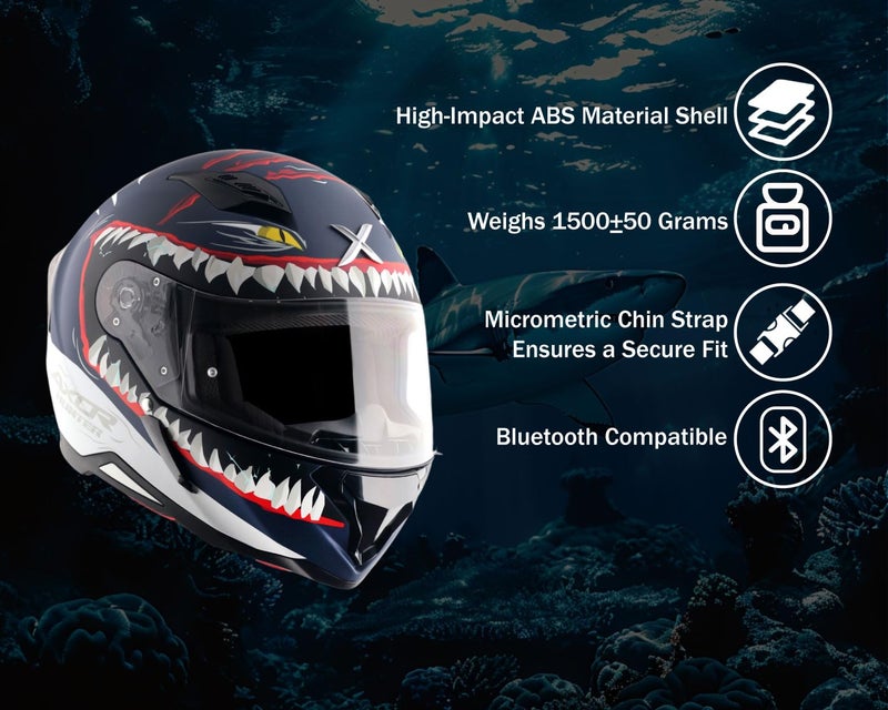 Axor Hunter Shark ISI ECE and DOT Certified Matte Finish Full Face Helmet for Men with Pinlock Fitted Clear Visor-Dull Blue White-XL - Image 5