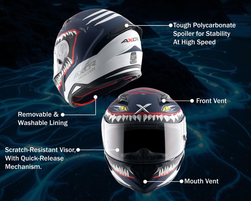 Axor Hunter Shark ISI ECE and DOT Certified Matte Finish Full Face Helmet for Men with Pinlock Fitted Clear Visor-Dull Blue White-XL - Image 4