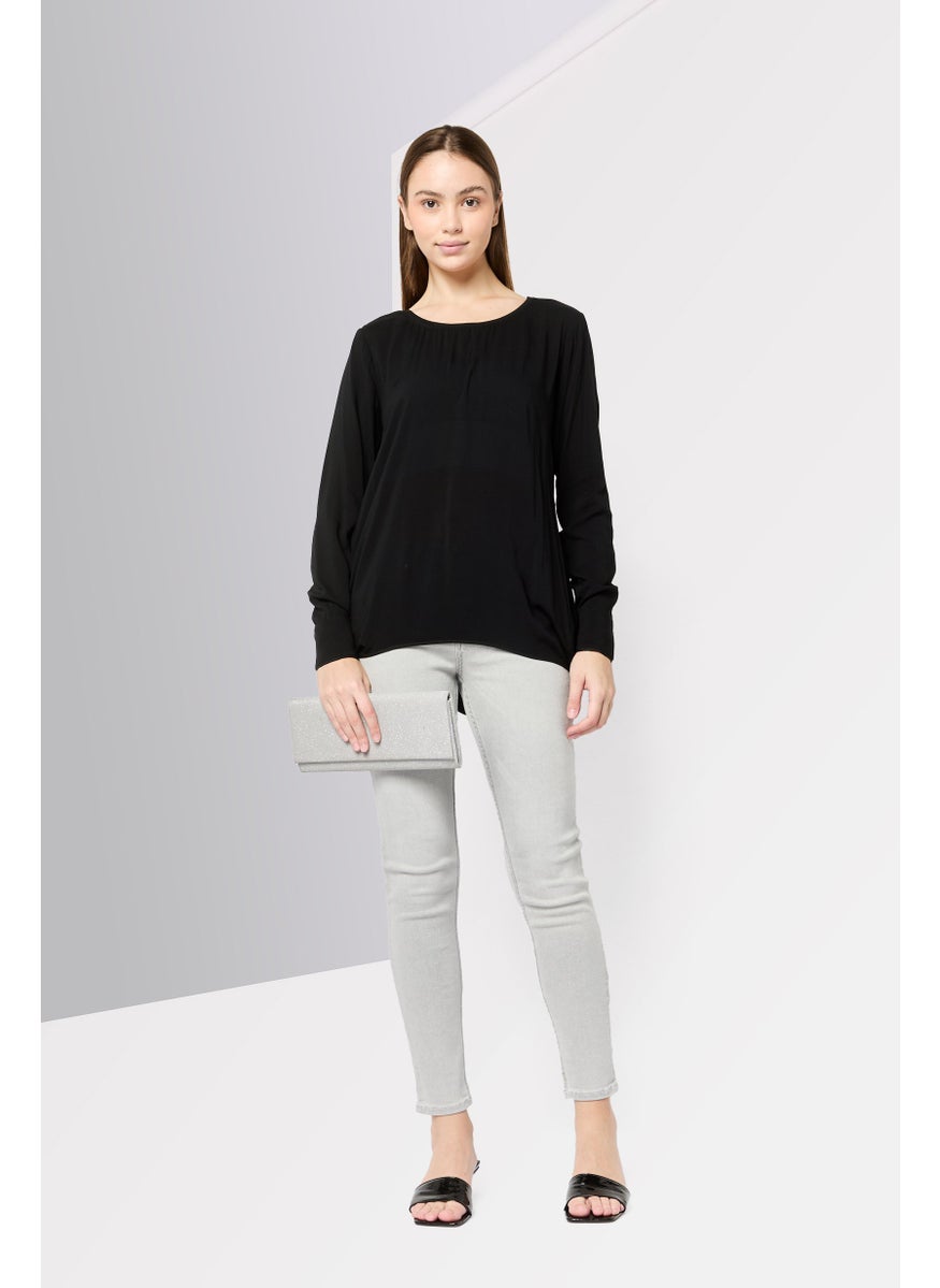 Harmont & Blaine Women Round Neck Long Sleeves Solid Blouse, Black  - Image 2