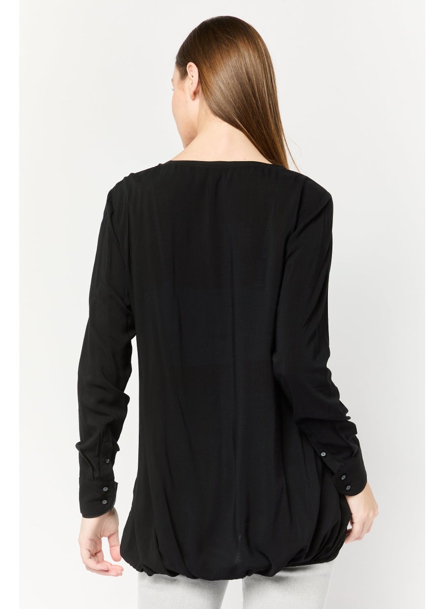 Harmont & Blaine Women Round Neck Long Sleeves Solid Blouse, Black  - Image 4