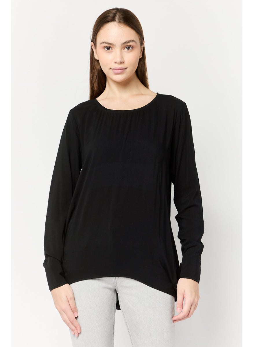 Harmont & Blaine Women Round Neck Long Sleeves Solid Blouse, Black  - Image 1
