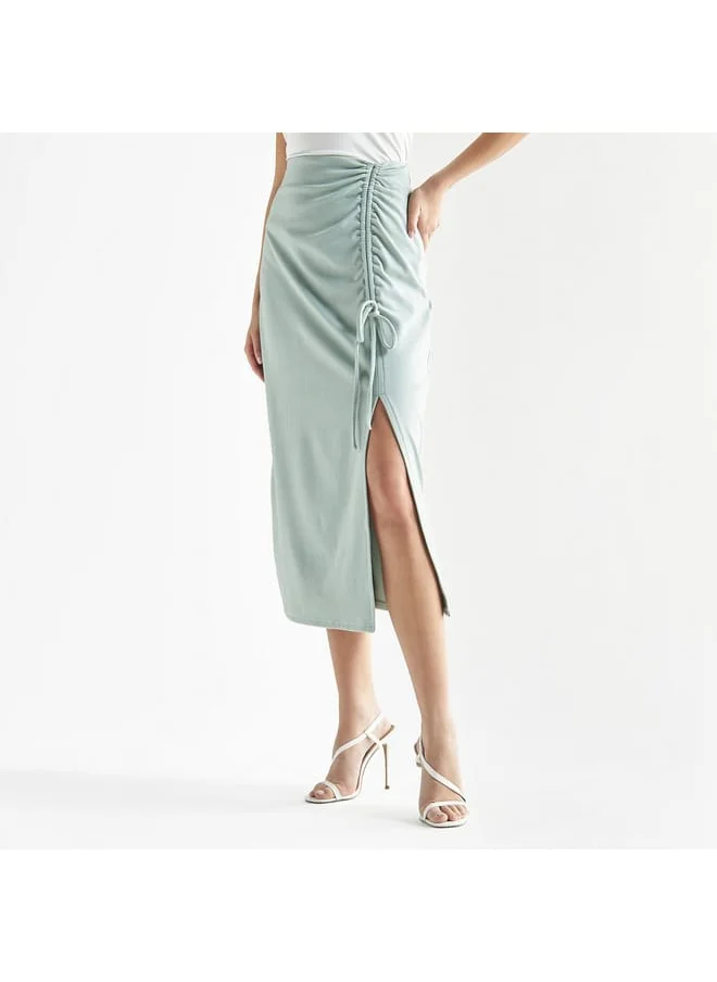 FAV Solid Midi Skirt with Ruched Detail and Slit