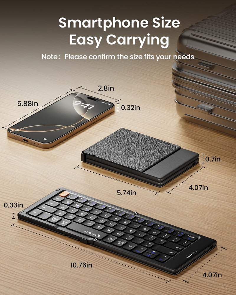 ProtoArc Foldable Compact Keyboard, XK04 Portable Bluetooth Keyboard with PU Leather Cover, Pocket-Sized Wireless Travel Keyboards for iPad, iPhone, Smartphone, Tablet and Laptop - Black - Image 2