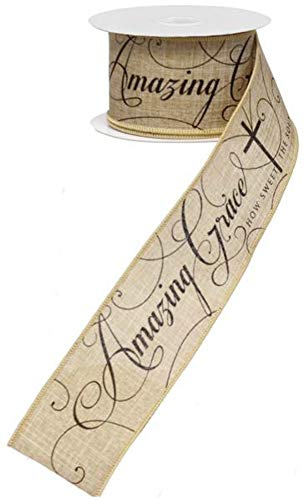 Craig Bachman 25 x 10 Yds Amazing Grace Royal Burlap Wired Ribbon Religious Cross Script Print Wired Edge for Wreath Making Inspirational Home Decor Church Events RG0113601 - Image 1