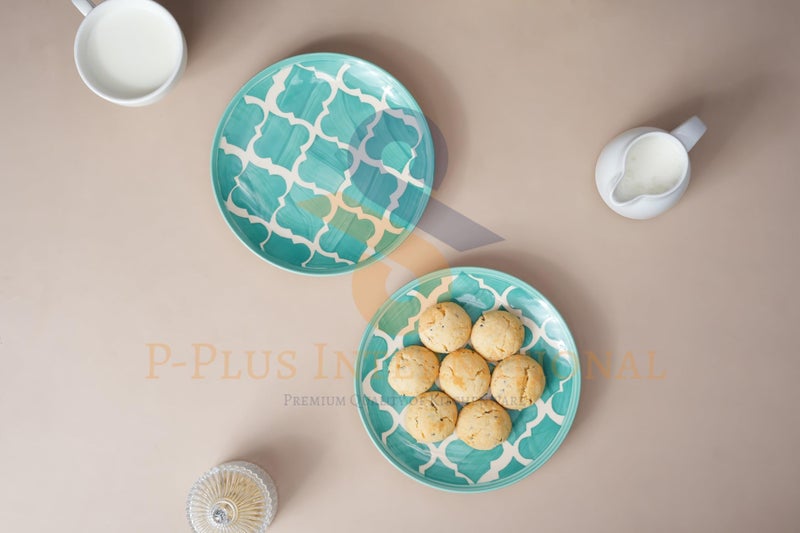 P-PLUS INTERNATIONAL Hand Painted Dessert Plates | Kitchen Serving Flat Dishes for Snacks, Appetizer, Ice Cream, Fruit | Dishwasher & Microwave Safe | 7 Inch 18.5 CM (Green, Set of 2) - Image 3