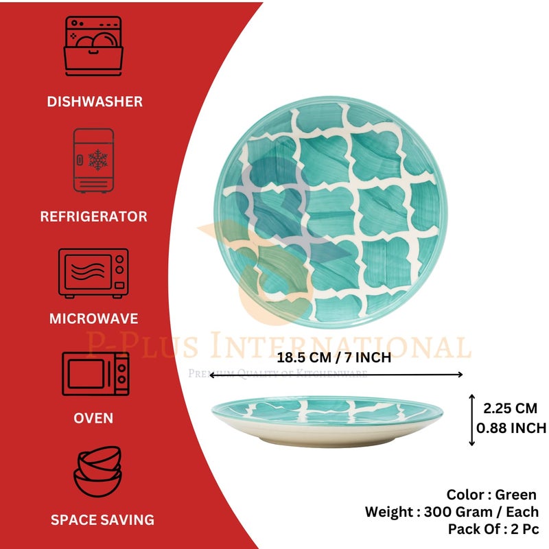 P-PLUS INTERNATIONAL Hand Painted Dessert Plates | Kitchen Serving Flat Dishes for Snacks, Appetizer, Ice Cream, Fruit | Dishwasher & Microwave Safe | 7 Inch 18.5 CM (Green, Set of 2) - Image 2