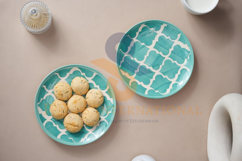 P-PLUS INTERNATIONAL Hand Painted Dessert Plates | Kitchen Serving Flat Dishes for Snacks, Appetizer, Ice Cream, Fruit | Dishwasher & Microwave Safe | 7 Inch 18.5 CM (Green, Set of 2) - Image 4