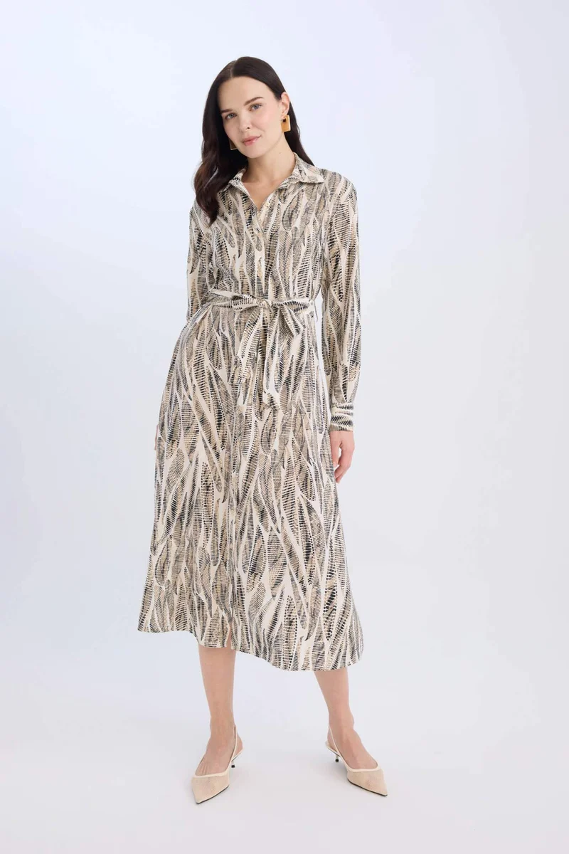 ديفاكتو Regular Fit Patterned V Neck Belted Maxi Dress