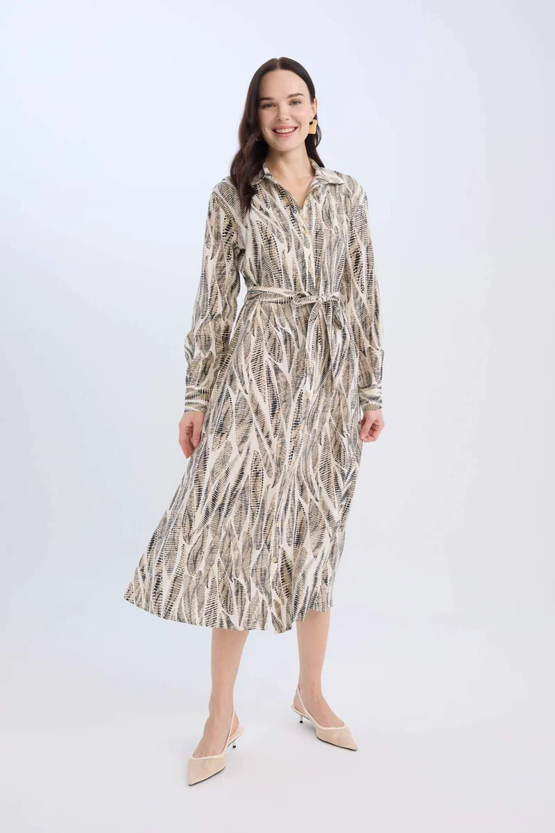 ديفاكتو Regular Fit Patterned V Neck Belted Maxi Dress