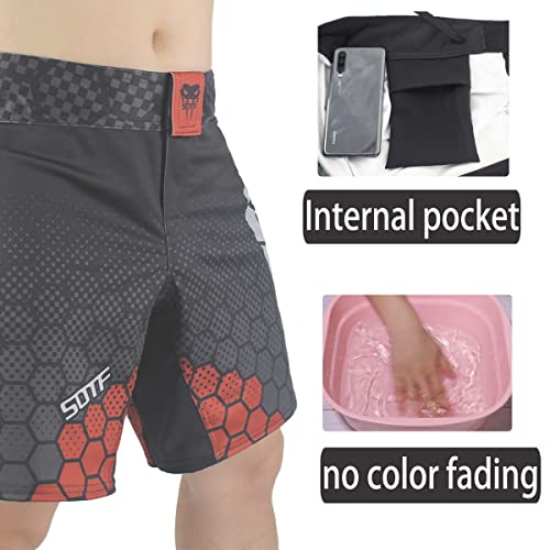 SOTF MMA Boxing Fight Shorts Mens Stretch Sports Training Shorts, Black Red With Pocket, S for waist 32-33inch - Image 4