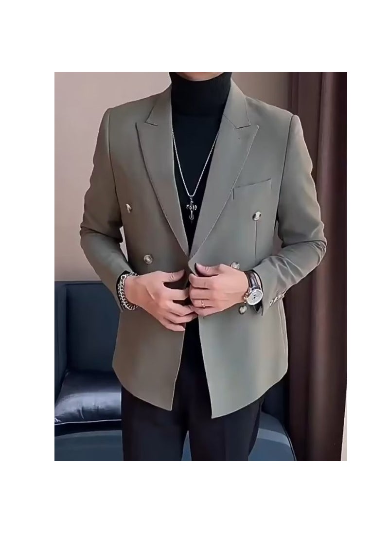 Generic Double-Breasted Casual Blazer Mens Slim Fit Suit Brown  - Image 1