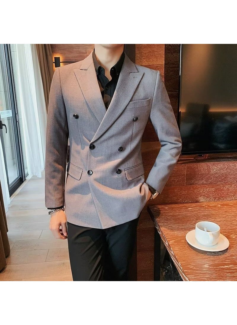 Generic Double-Breasted Casual Blazer Mens Slim Fit Suit Brown  - Image 2