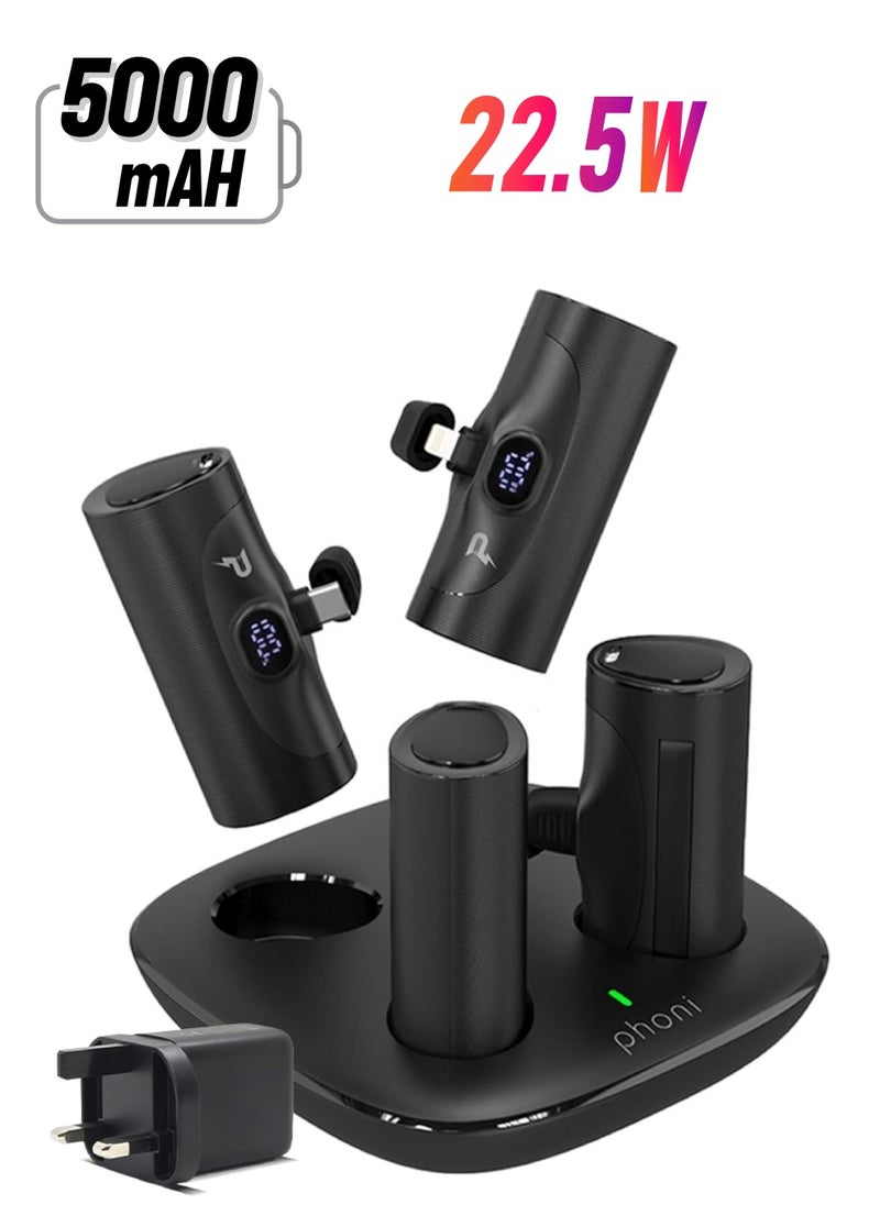 Phoni - Phoni 4-in-1 Power Bank Station, 5000mAh, 4 Pieces, Portable Charger with Built-in Display and Kickstand Compatible With Lightning for iPhone 15/14, Samsung S24/S23/S22 & Huawei, Xiaomi (All USB-C) - Image 1