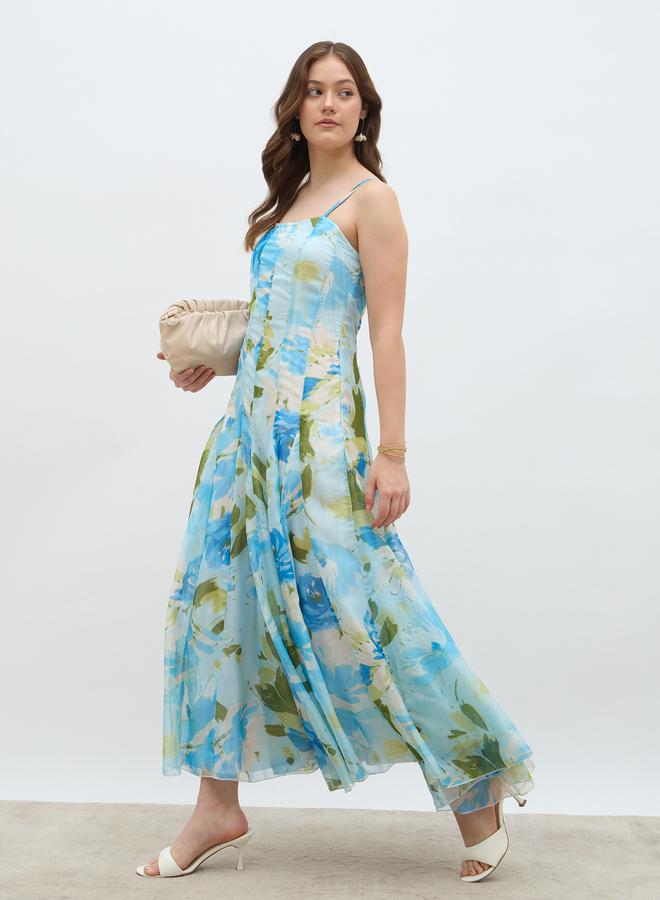 Floral Print Strappy A-Line Maxi Dress
