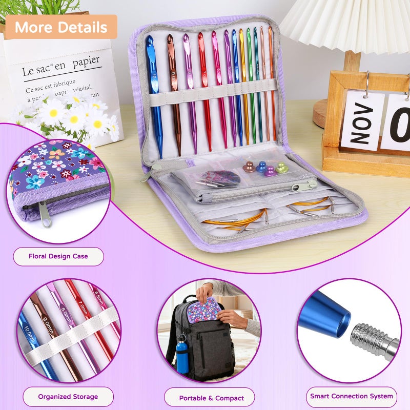 Reessy Interchangeable Tunisian Crochet Hooks Set â€“ 12 Sizes (3.0â€“10mm) Aluminum Crochet Hooks with 4 Cables, Accessories & Floral Storage Bag â€“ Detachable Afghan Crochet Hook Kit - Image 5