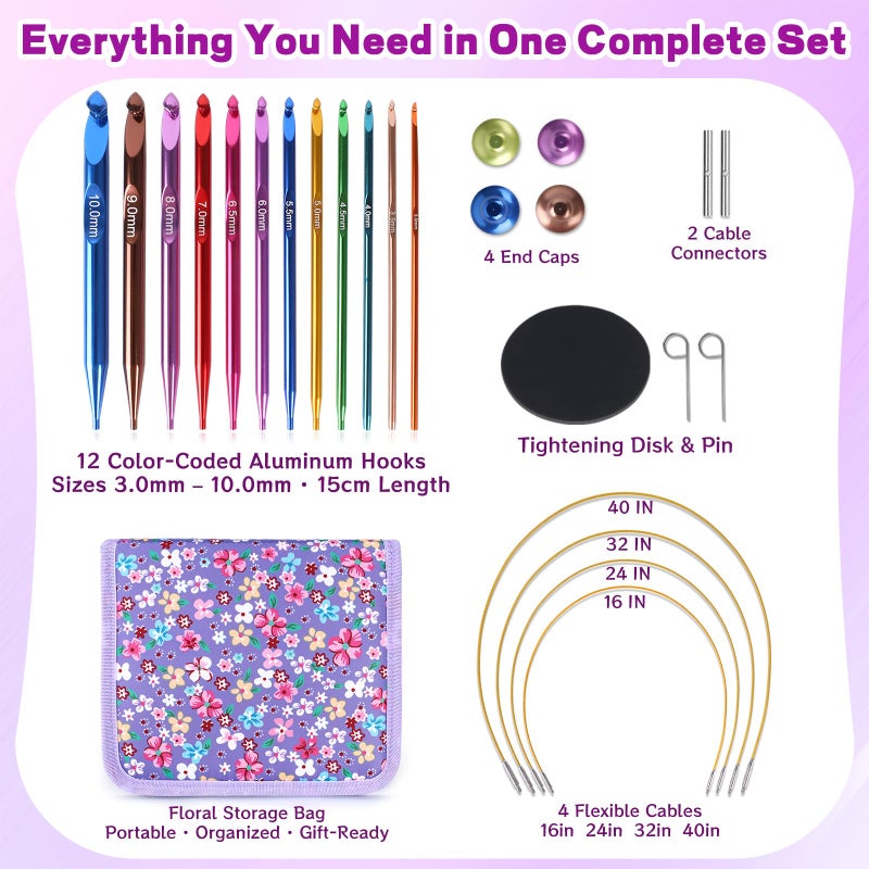 Reessy Interchangeable Tunisian Crochet Hooks Set â€“ 12 Sizes (3.0â€“10mm) Aluminum Crochet Hooks with 4 Cables, Accessories & Floral Storage Bag â€“ Detachable Afghan Crochet Hook Kit - Image 4