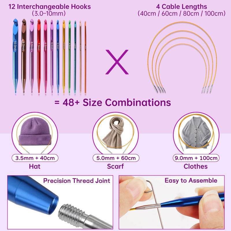 Reessy Interchangeable Tunisian Crochet Hooks Set â€“ 12 Sizes (3.0â€“10mm) Aluminum Crochet Hooks with 4 Cables, Accessories & Floral Storage Bag â€“ Detachable Afghan Crochet Hook Kit - Image 3