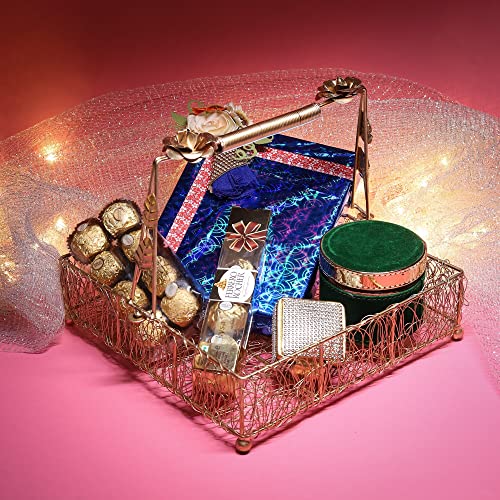 ekysa dekor metal meshwire multipurpose hamper Fancy Basket/Tray/Platter with handles for Packing, Gifting, Decoration - Golden (10 * 3 inch) - Image 2
