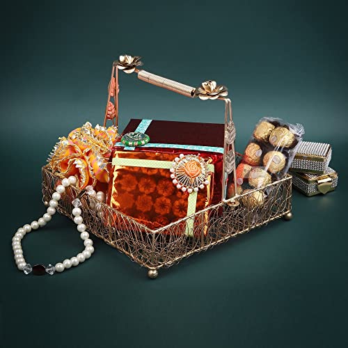 ekysa dekor metal meshwire multipurpose hamper Fancy Basket/Tray/Platter with handles for Packing, Gifting, Decoration - Golden (10 * 3 inch) - Image 4