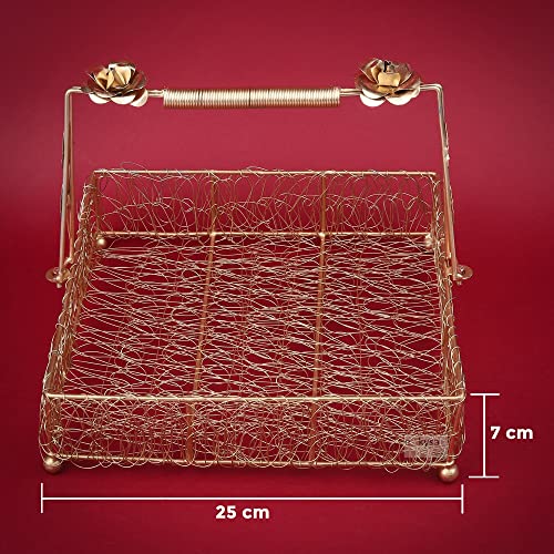 ekysa dekor metal meshwire multipurpose hamper Fancy Basket/Tray/Platter with handles for Packing, Gifting, Decoration - Golden (10 * 3 inch) - Image 5