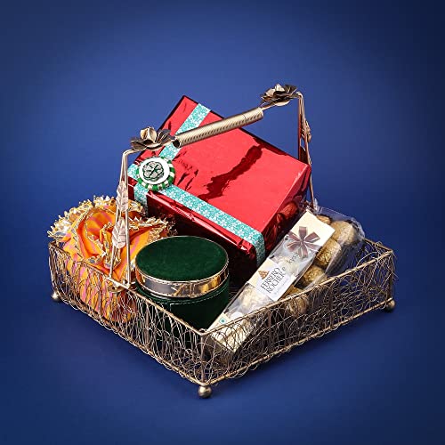 ekysa dekor metal meshwire multipurpose hamper Fancy Basket/Tray/Platter with handles for Packing, Gifting, Decoration - Golden (10 * 3 inch) - Image 3