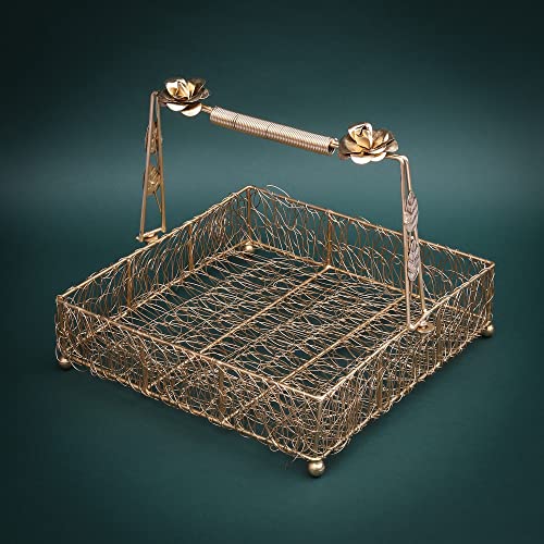 ekysa dekor metal meshwire multipurpose hamper Fancy Basket/Tray/Platter with handles for Packing, Gifting, Decoration - Golden (10 * 3 inch) - Image 1