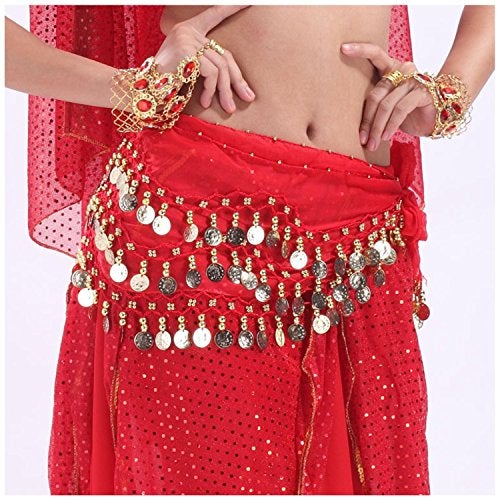 VRITRAZ Women's Chiffon Belly Dance Hip Scarf Waistband Belt Skirt with128 Ringy Golden Coins 128 Red - Image 2