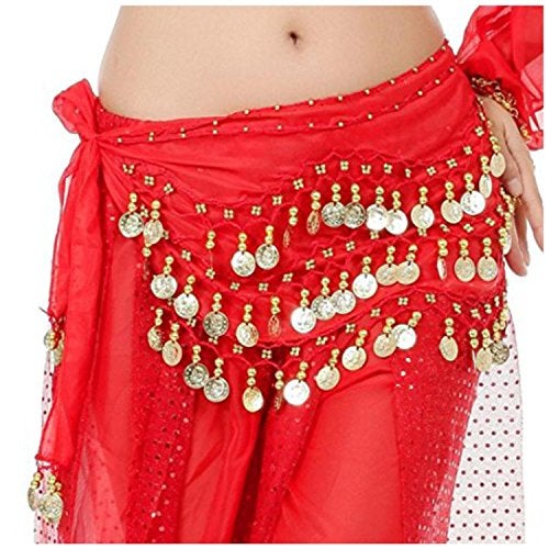 VRITRAZ Women's Chiffon Belly Dance Hip Scarf Waistband Belt Skirt with128 Ringy Golden Coins 128 Red - Image 4