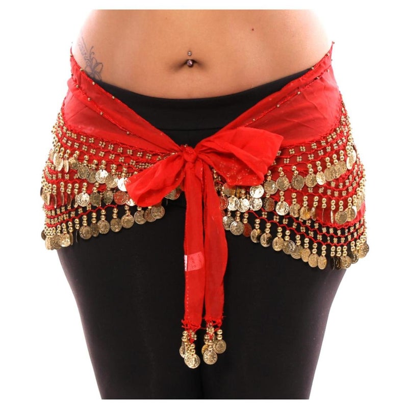 VRITRAZ Women's Chiffon Belly Dance Hip Scarf Waistband Belt Skirt with128 Ringy Golden Coins 128 Red - Image 1