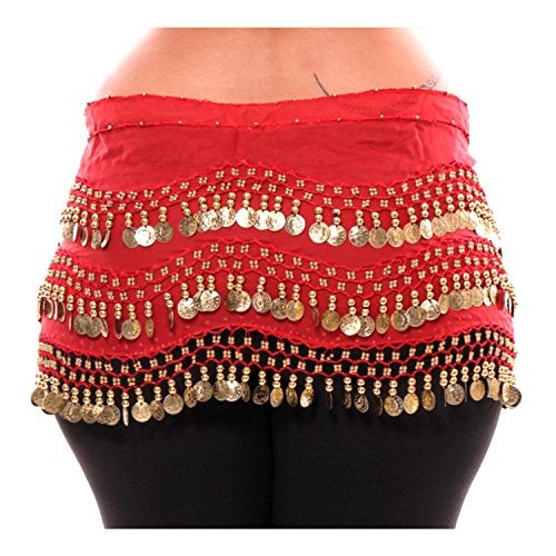 VRITRAZ Women's Chiffon Belly Dance Hip Scarf Waistband Belt Skirt with128 Ringy Golden Coins 128 Red - Image 3